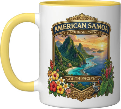 Taza cerámica souvenir Parque Nacional American Samoa isla del Pacífico Sur amarillo/blanco
