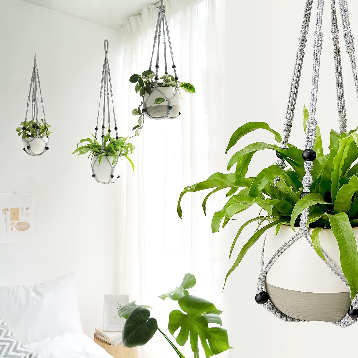 Colgador plantas macramé madera soporte boho 35pulg gris set 2