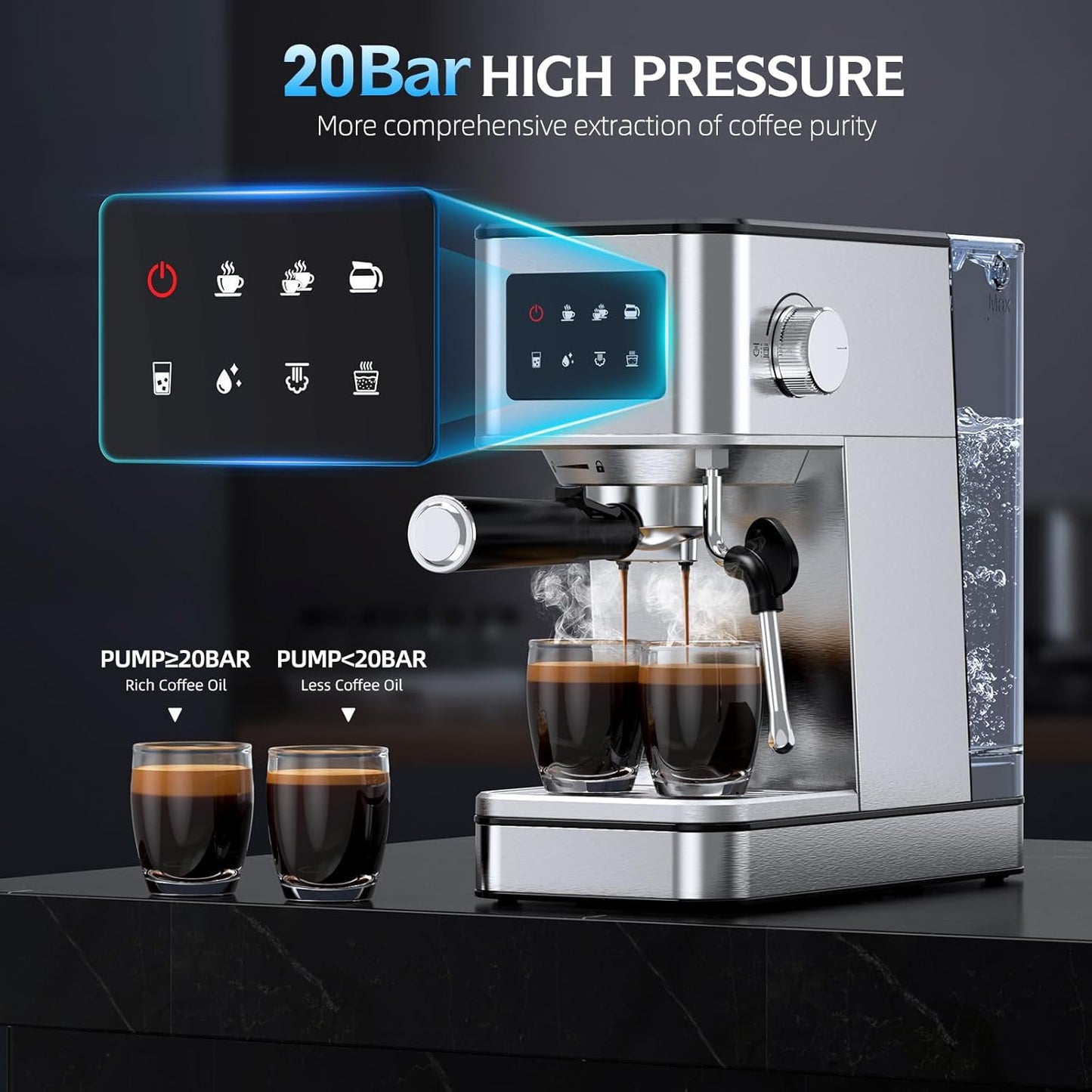 Máquina de café expreso de 20 barras con espumador de leche y pantalla táctil