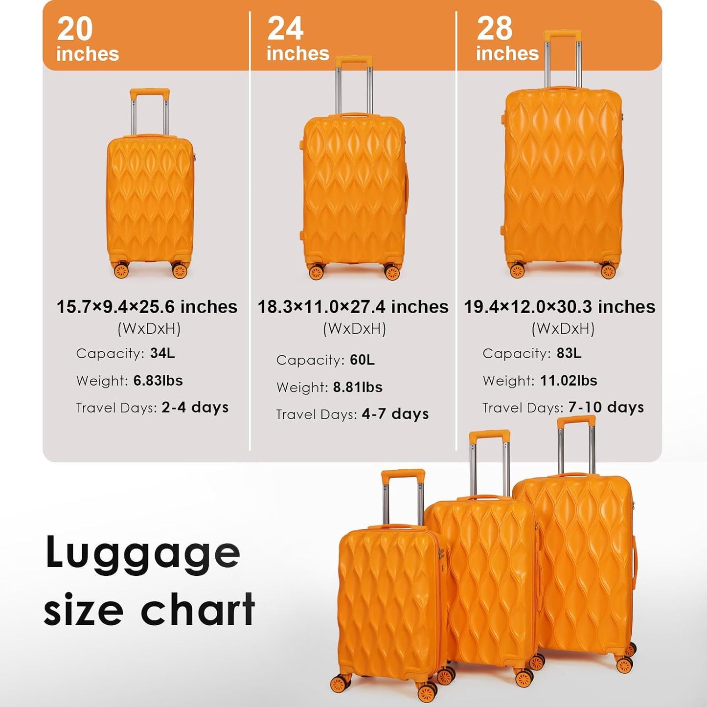 Set 3 equipaje con ruedas 20-28 pulg ligero naranja