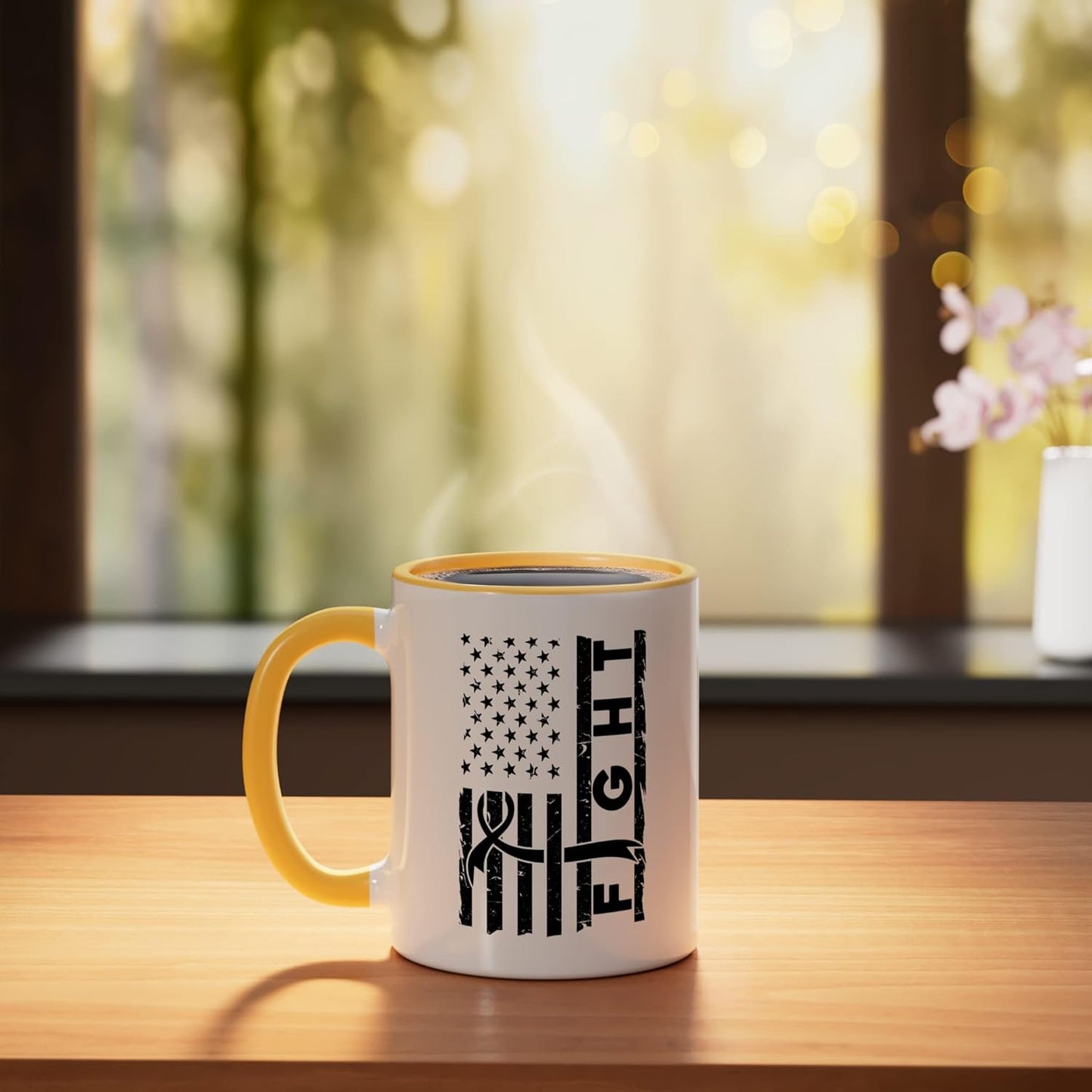 Taza cerámica para sobreviviente de cáncer de mama amarilla/blanca