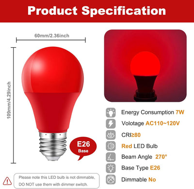 Bombilla LED A19 E26 roja 7W uso interior exterior