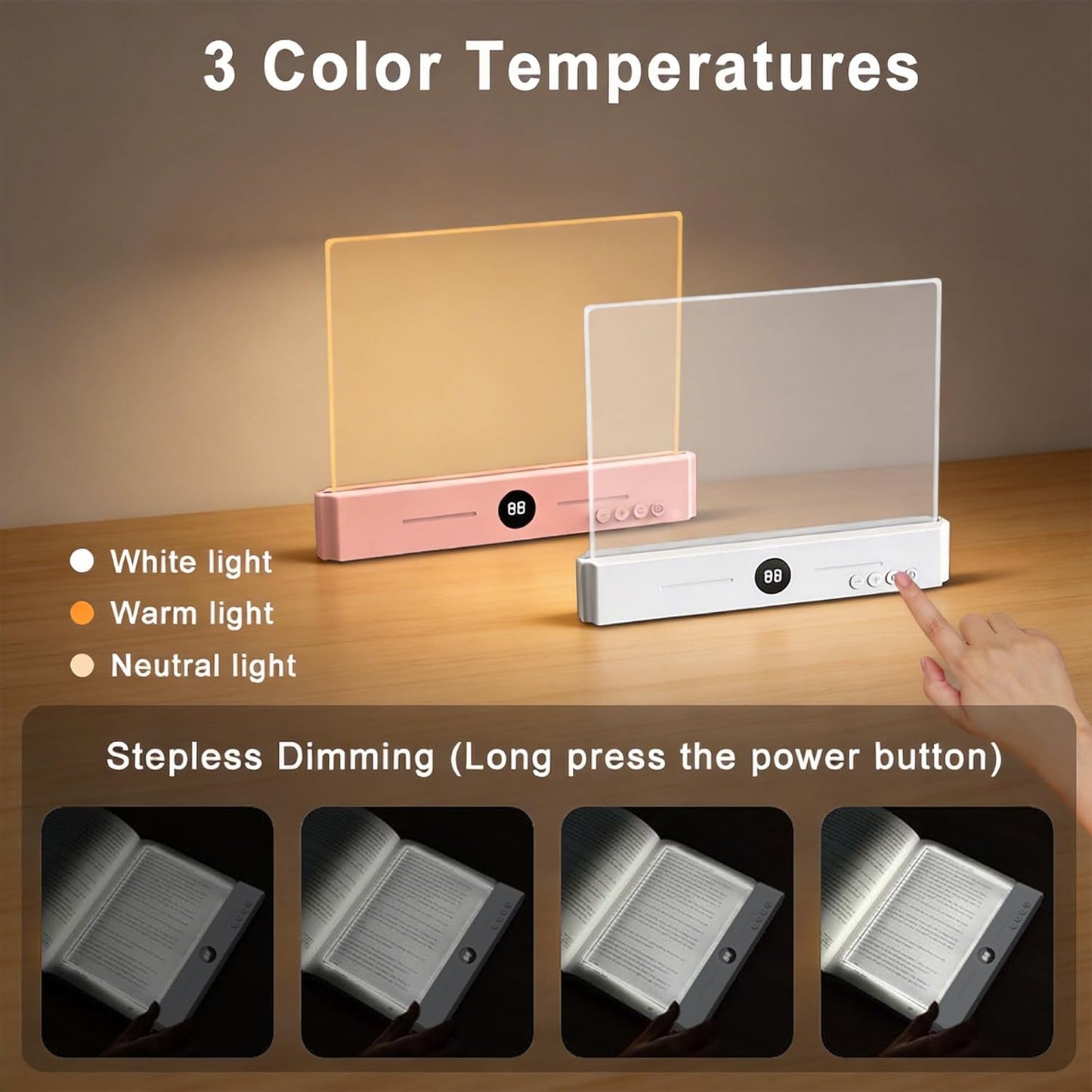 Luz LED 2en1 para libros nocturna recargable USB 3 colores