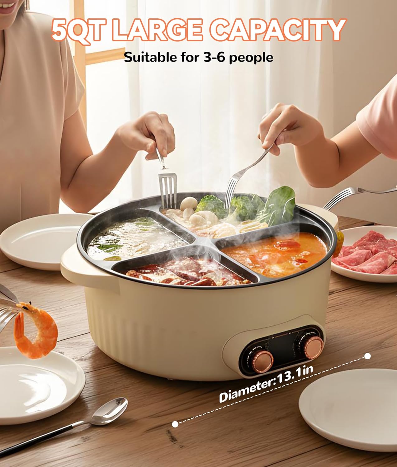 Olla eléctrica Shabu Shabu de 4 compartimentos con calentamiento rápido