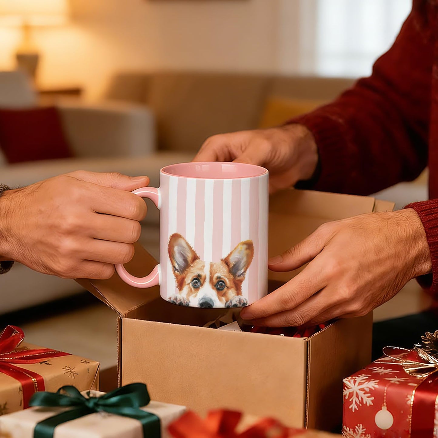 Taza Corgi de cerámica con asa 11 oz a rayas rosas y blancas