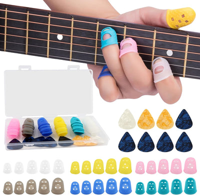 Protectores dedos guitarra 5 tallas silicona flexible con 8 púas