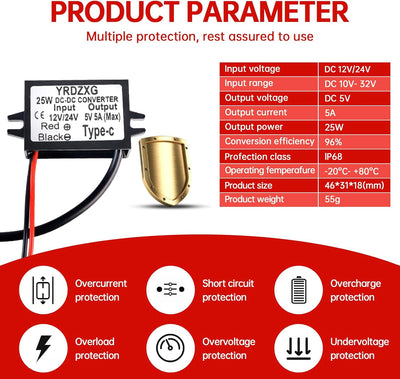Convertidor DC-DC 12V/24V a 5V 5A 25W Tipo-C