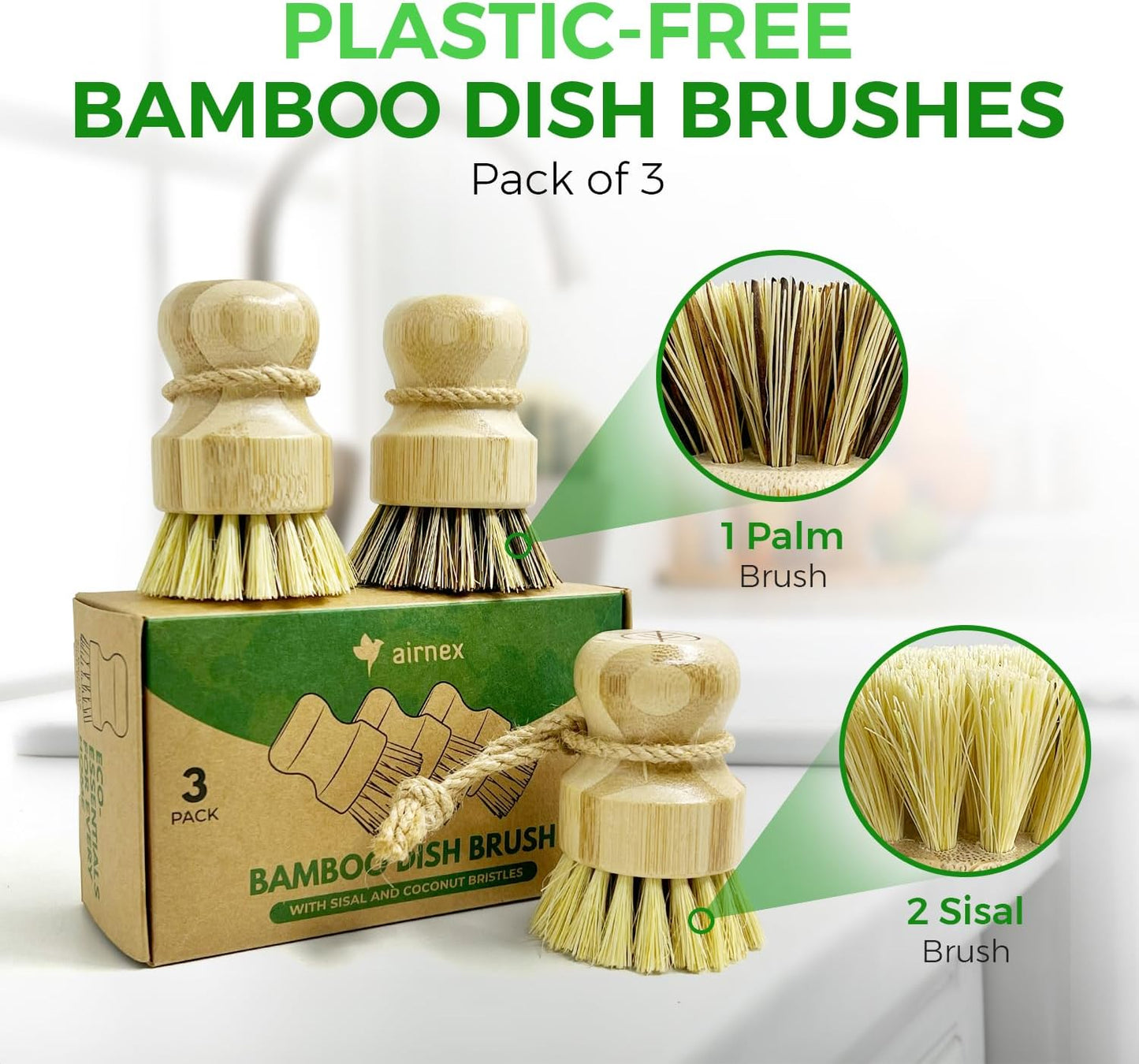 Set 3 Cepillos Bambú para Platos con Sisal y Cerdas de Coco