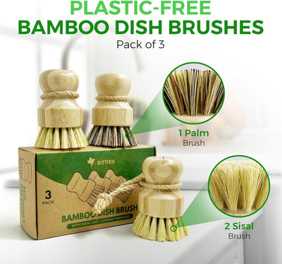 Set 3 Cepillos Bambú para Platos con Sisal y Cerdas de Coco