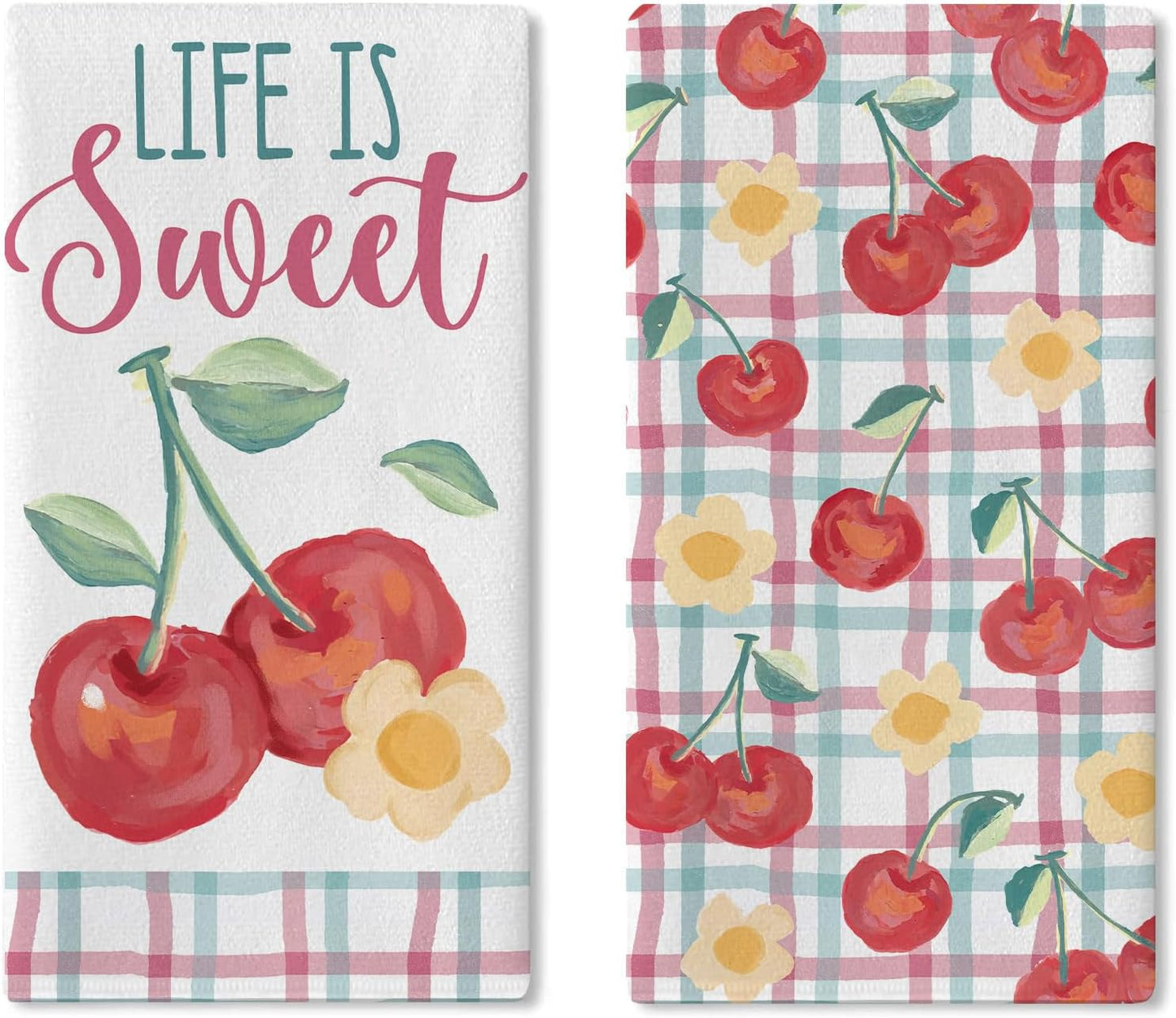 Juego de 2 paños de cocina con diseño de cerezas acuarela fruta