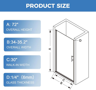 Puerta ducha pivotante sin marco 34-35.2x72pulg vidrio templado