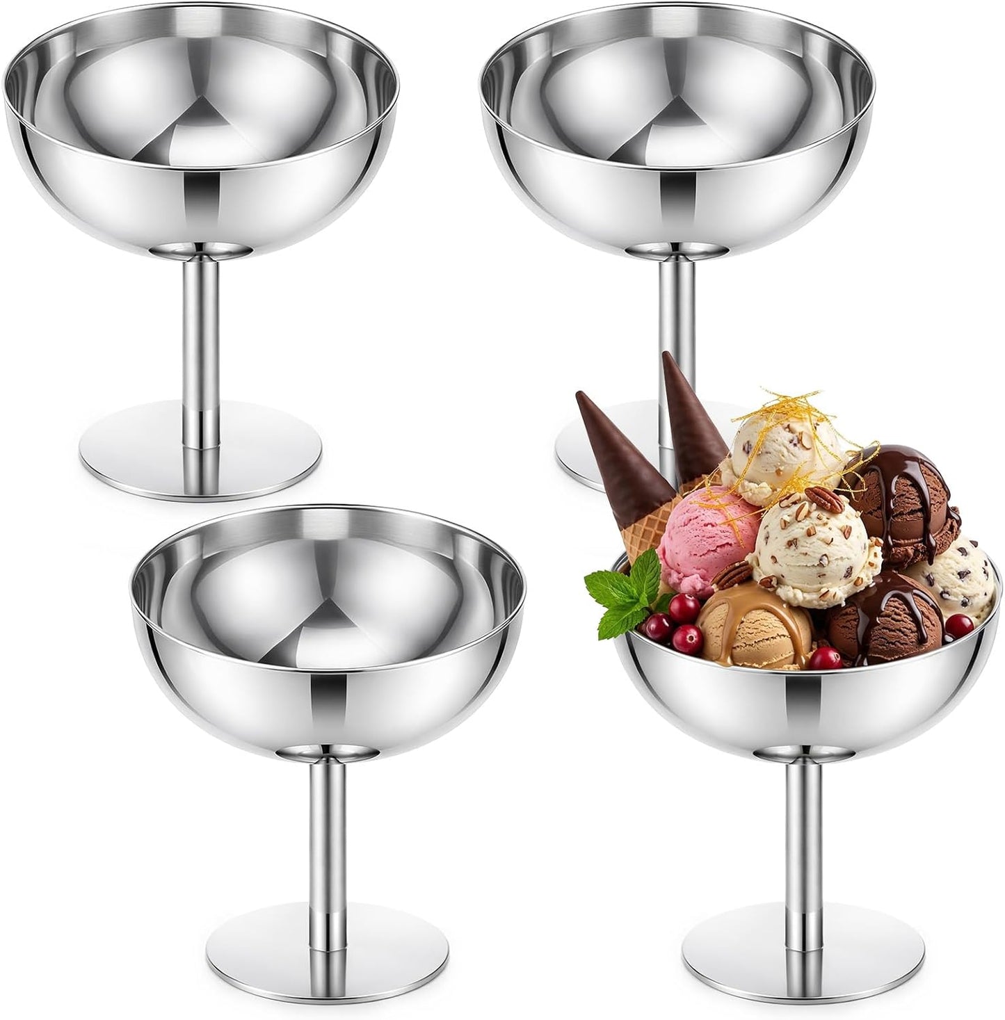 4 tazas de helado acero inoxidable reutilizables plateadas con patas