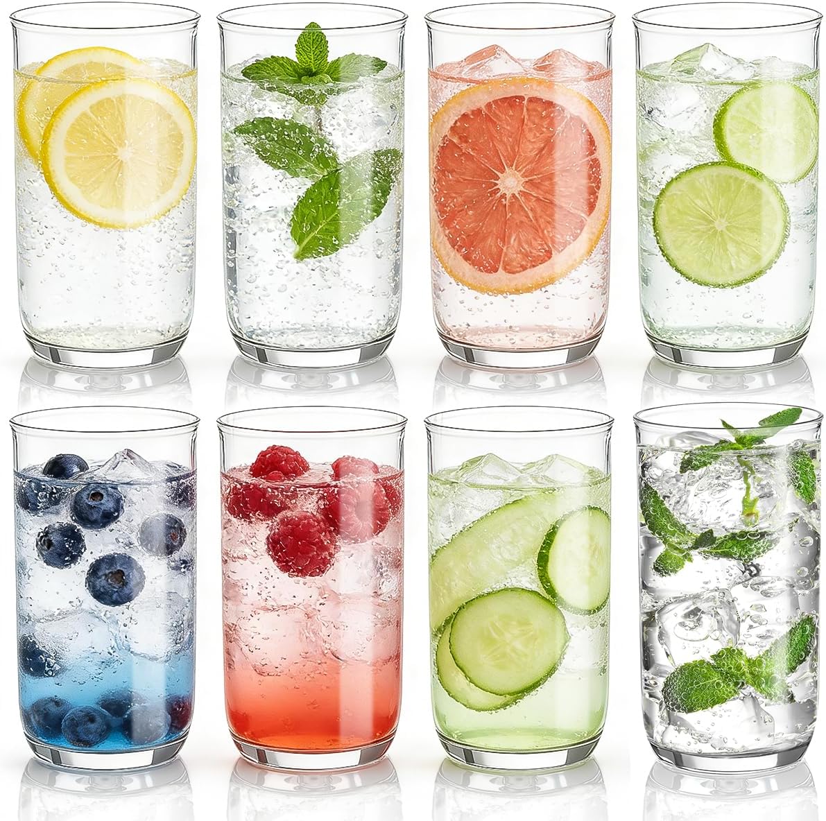 Juego de 8 vasos Collins de plástico PET transparente de 14 oz