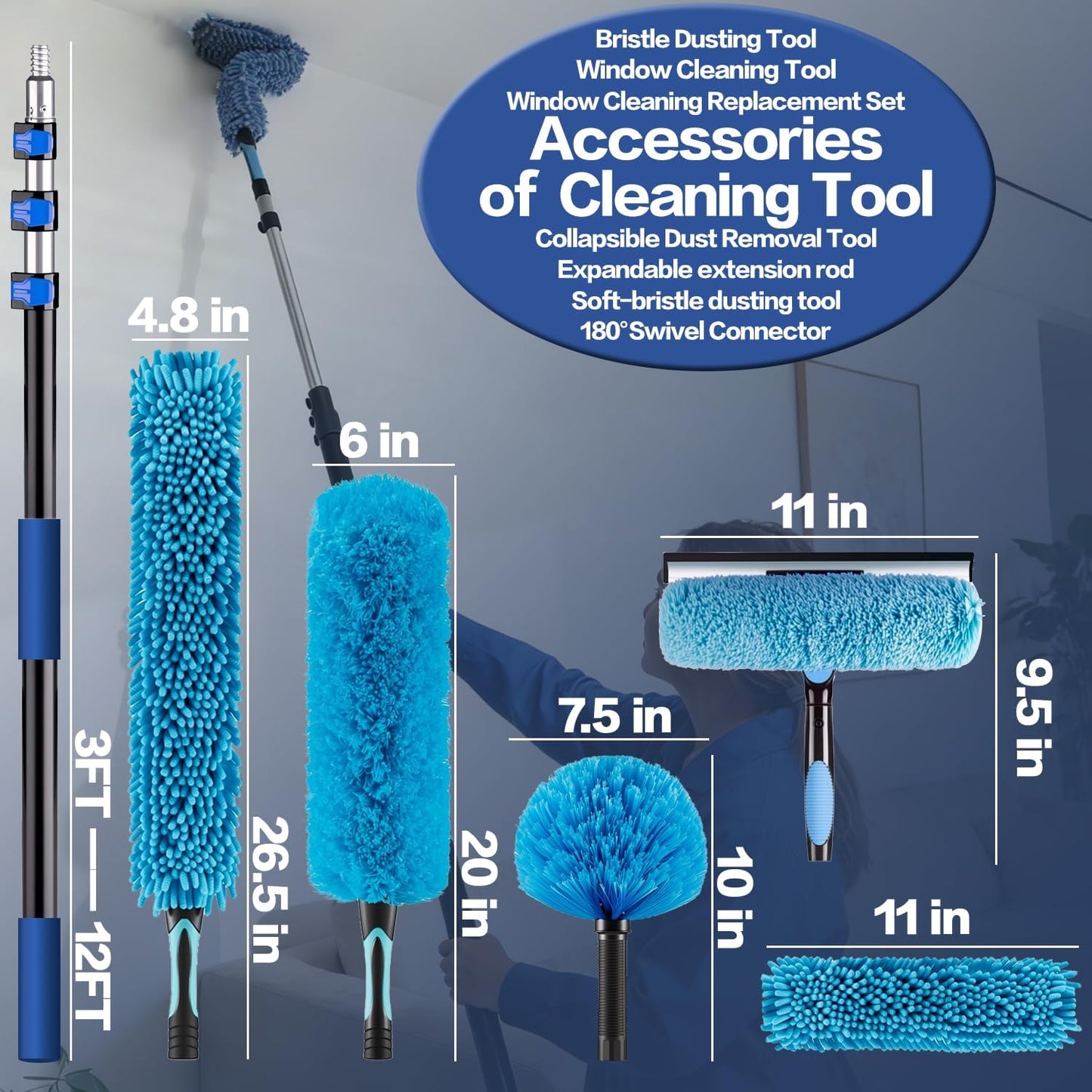 Kit limpieza plumero 20ft poste 5-12ft ventilador alto reutilizable