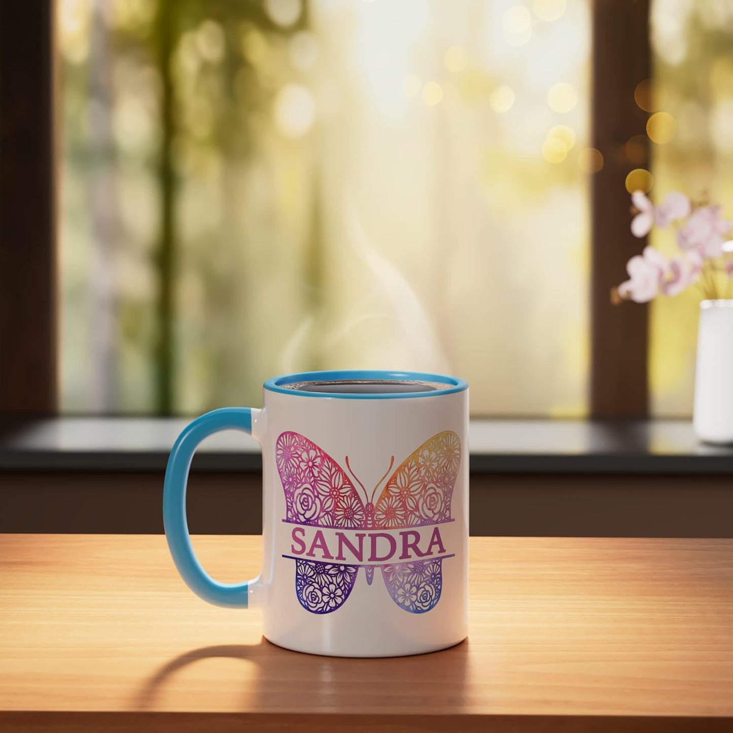 Taza de viaje de mariposa con nombre personalizado Sandra cerámica azul blanco