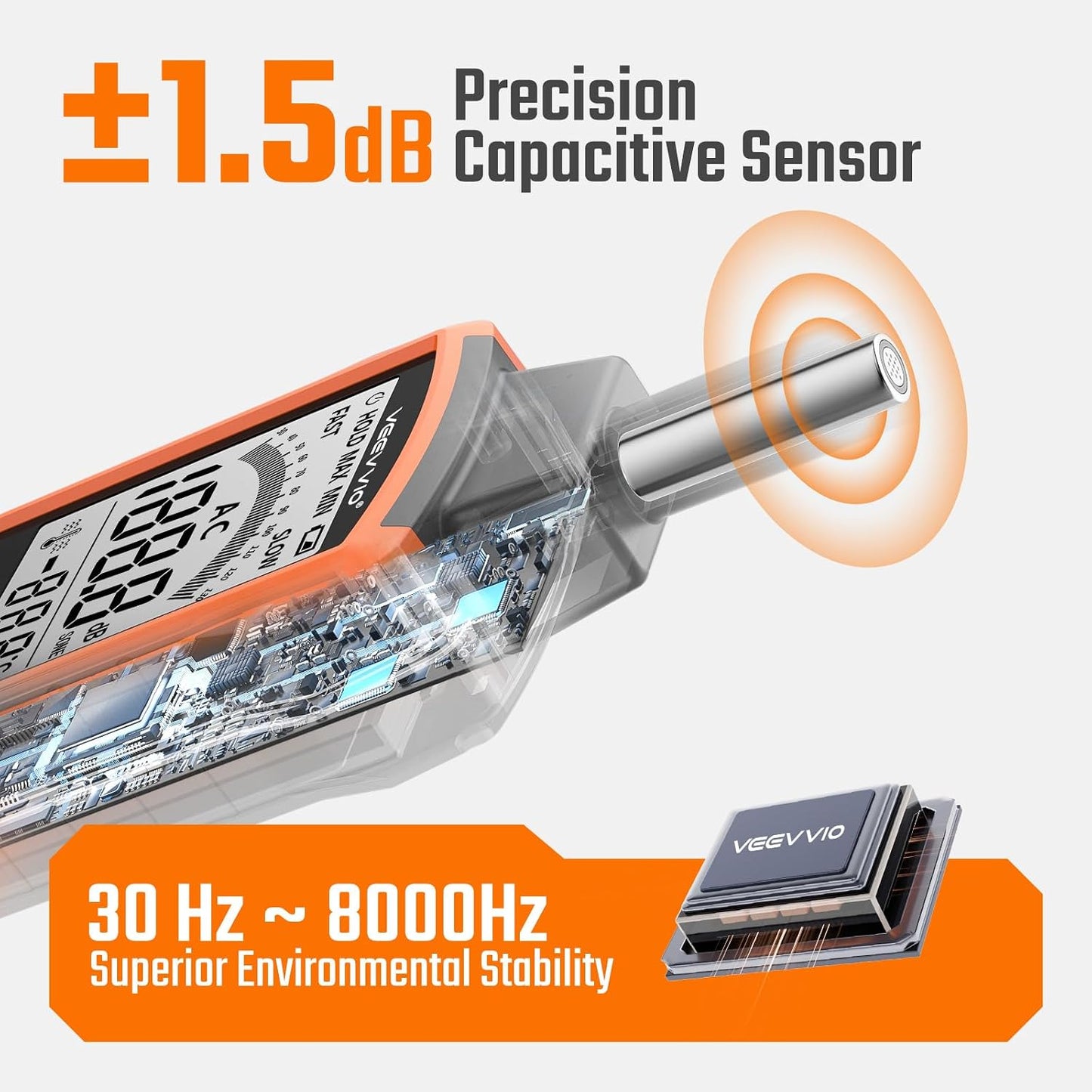 Medidor decibeles SPL portátil 30-130dB pantalla LCD