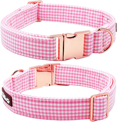 Collar perro cuadros rosados algodón hebilla oro rosa talla M