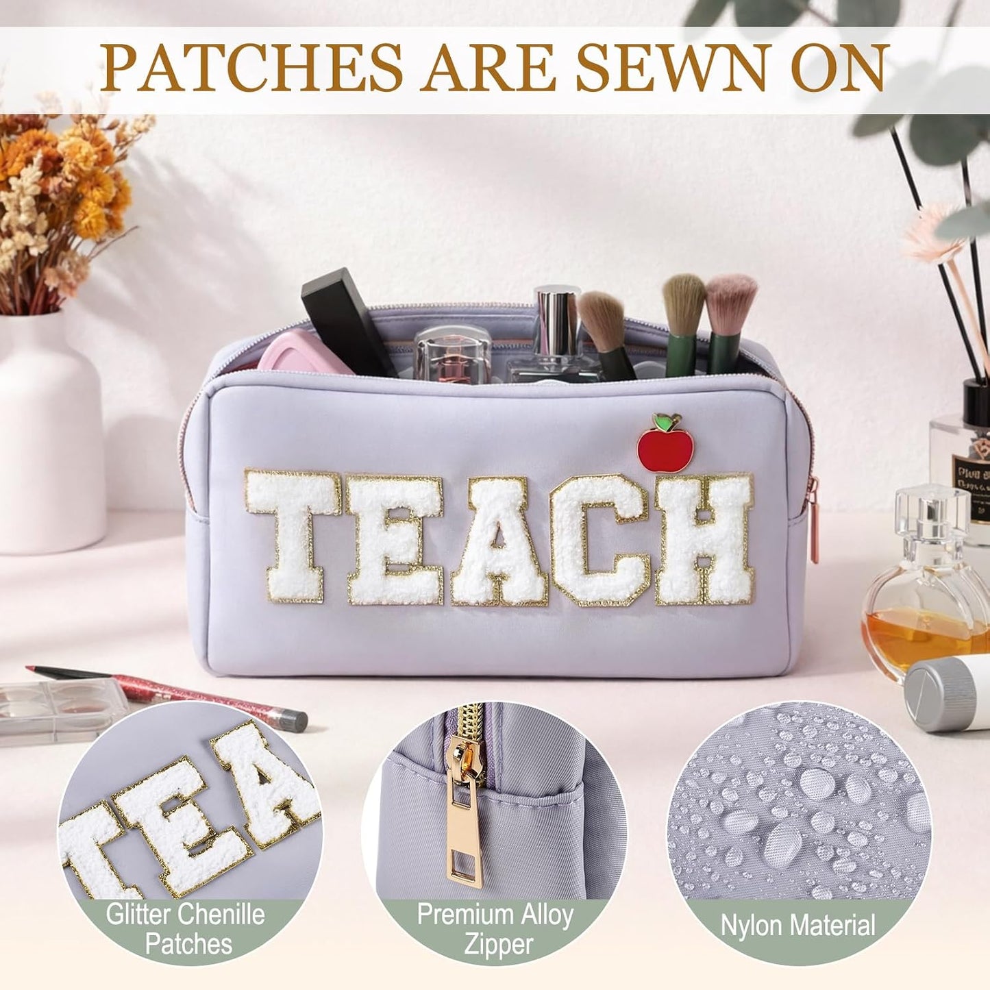 6 Bolsas Maquillaje Chenilla con Alfileres Color Morandi