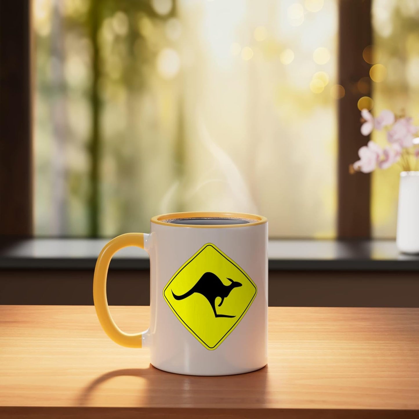 Taza Cerámica Kangaroo Australia Con Señal de Cruce Amarillo Blanco