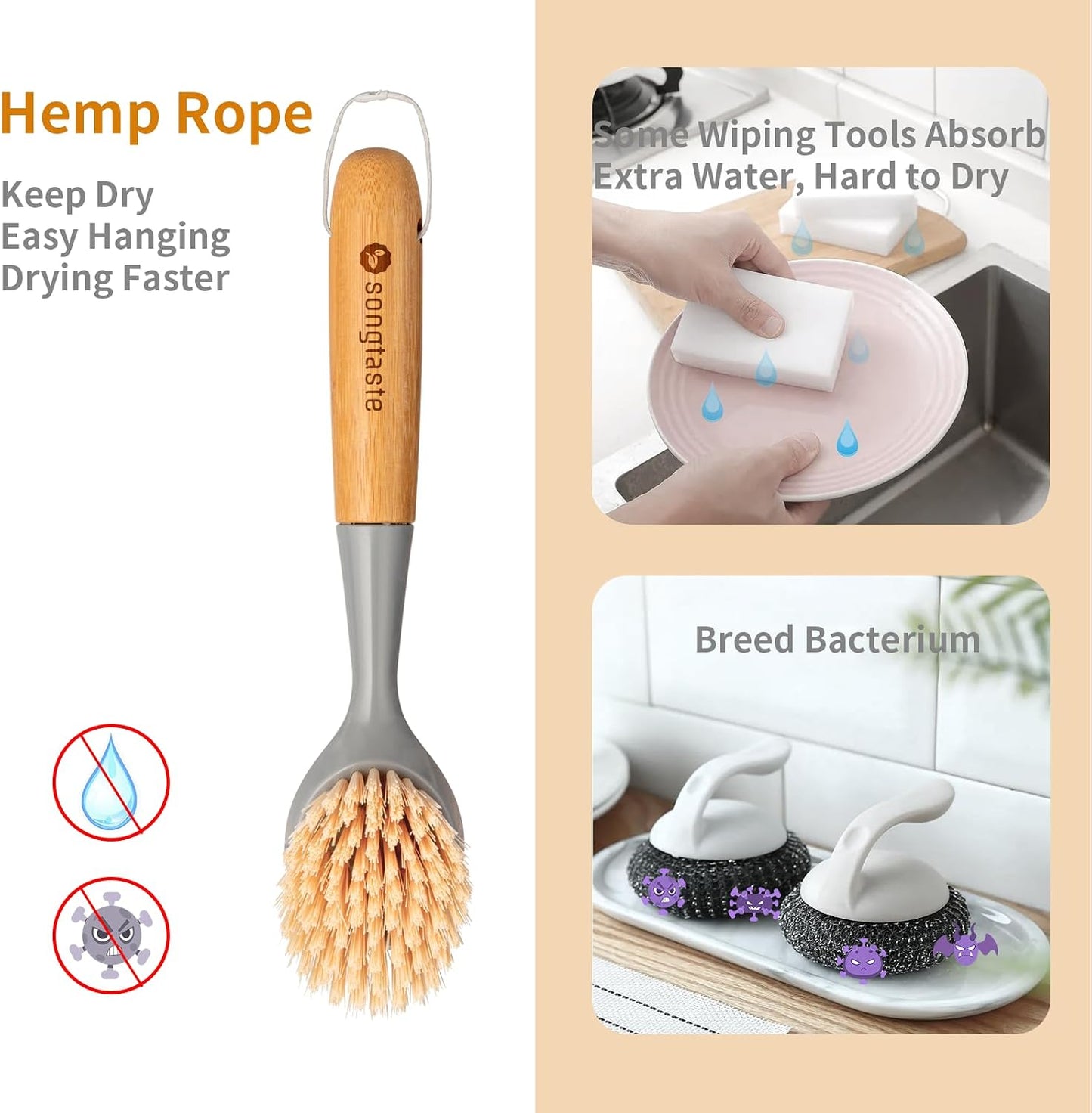 2 Pack Cepillos Cocina Bambú con Raspador Sartenes Fregadero