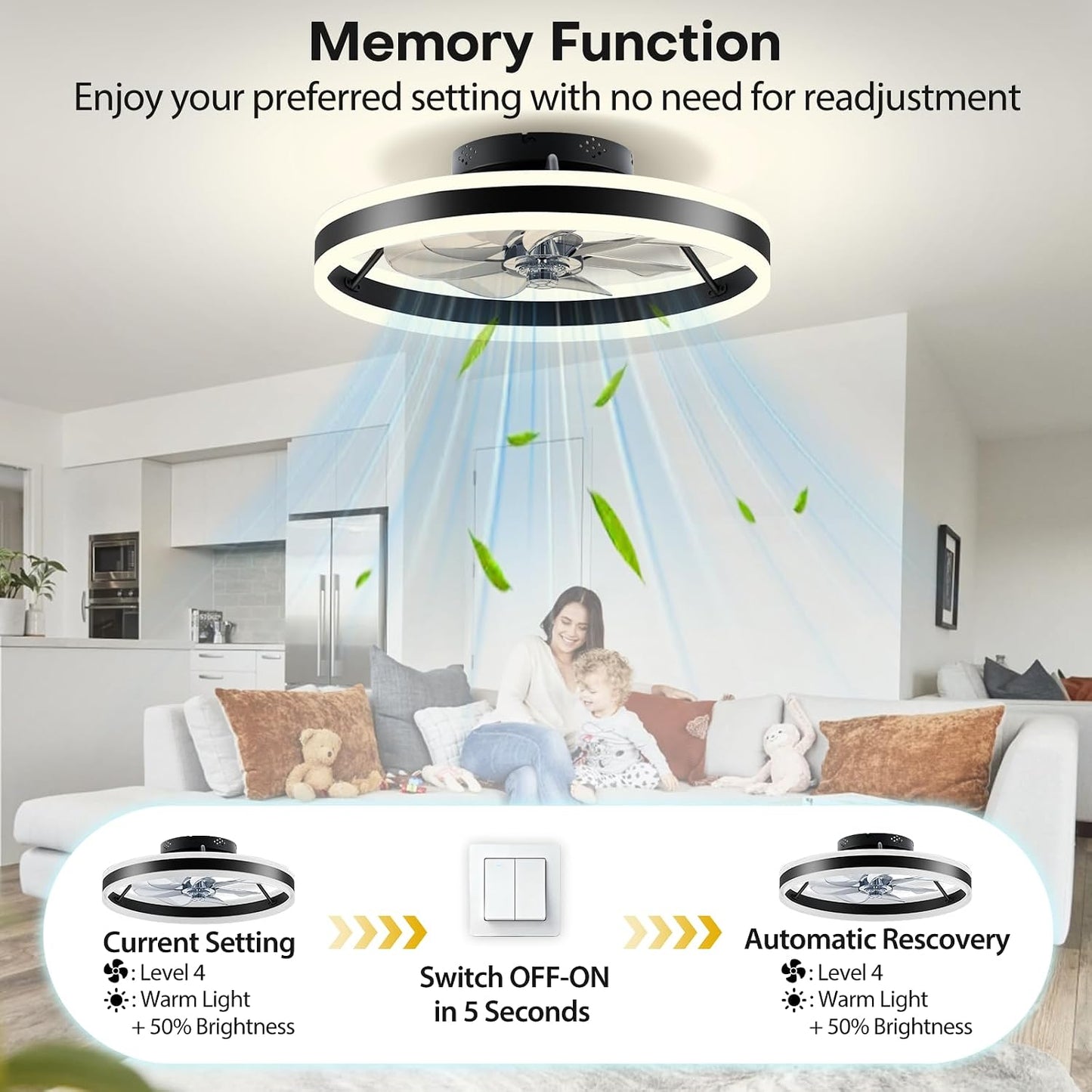 Ventilador techo LED 20pulg control remoto 6 velocidades negro