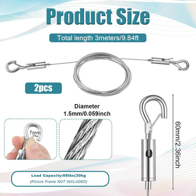2 Cables Acero Inox 39pulg Capacidad 66lb para Marcos y Espejos