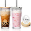 Vaso de vidrio acanalado con bambú y tapa 2 en 1 a prueba de fugas, pajita de acero inoxidable vintage para Boba, café helado