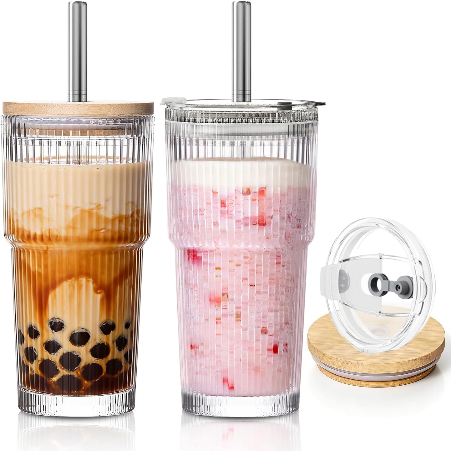 Vaso de vidrio acanalado con bambú y tapa 2 en 1 a prueba de fugas, pajita de acero inoxidable vintage para Boba, café helado