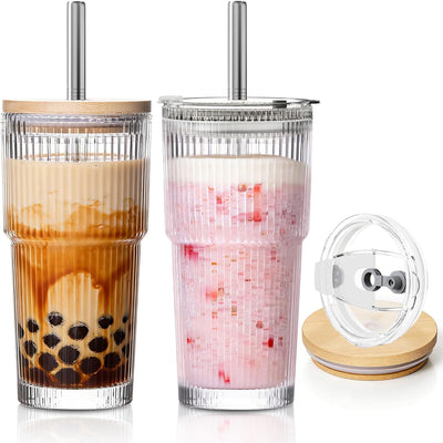 Vaso de vidrio acanalado con bambú y tapa 2 en 1 a prueba de fugas, pajita de acero inoxidable vintage para Boba, café helado
