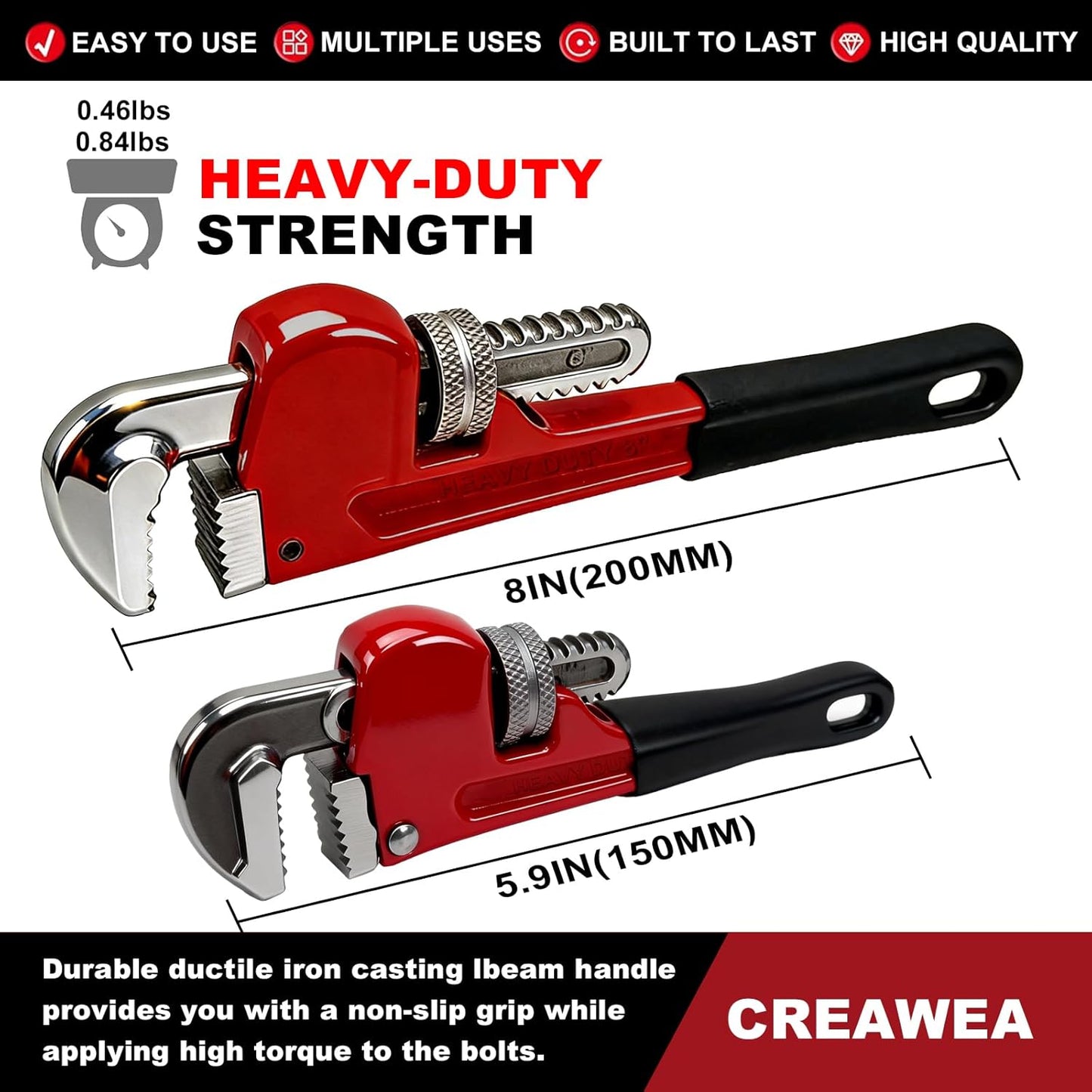 Llave tubo ajustable 6-8pulg recta reparación bricolaje rojo