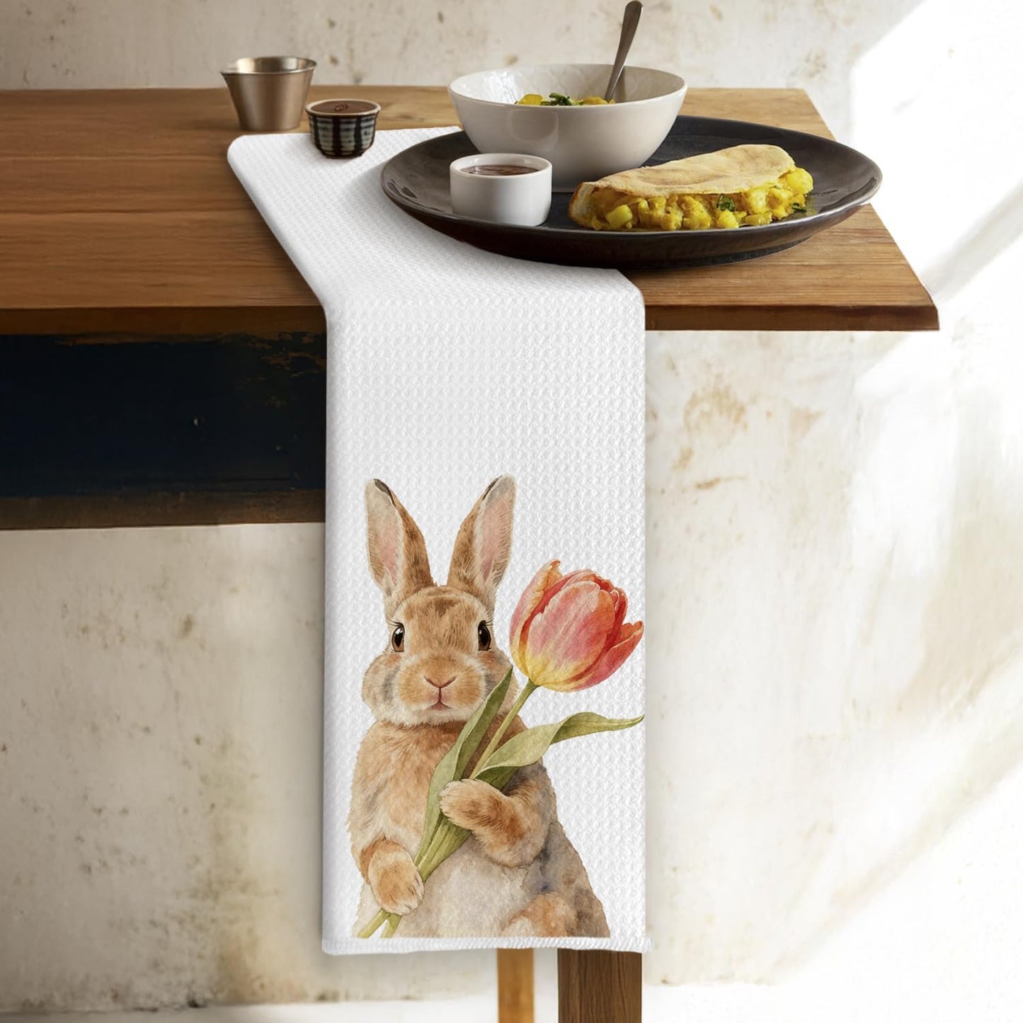 Toallas cocina primavera tulipanes conejito regalo floral