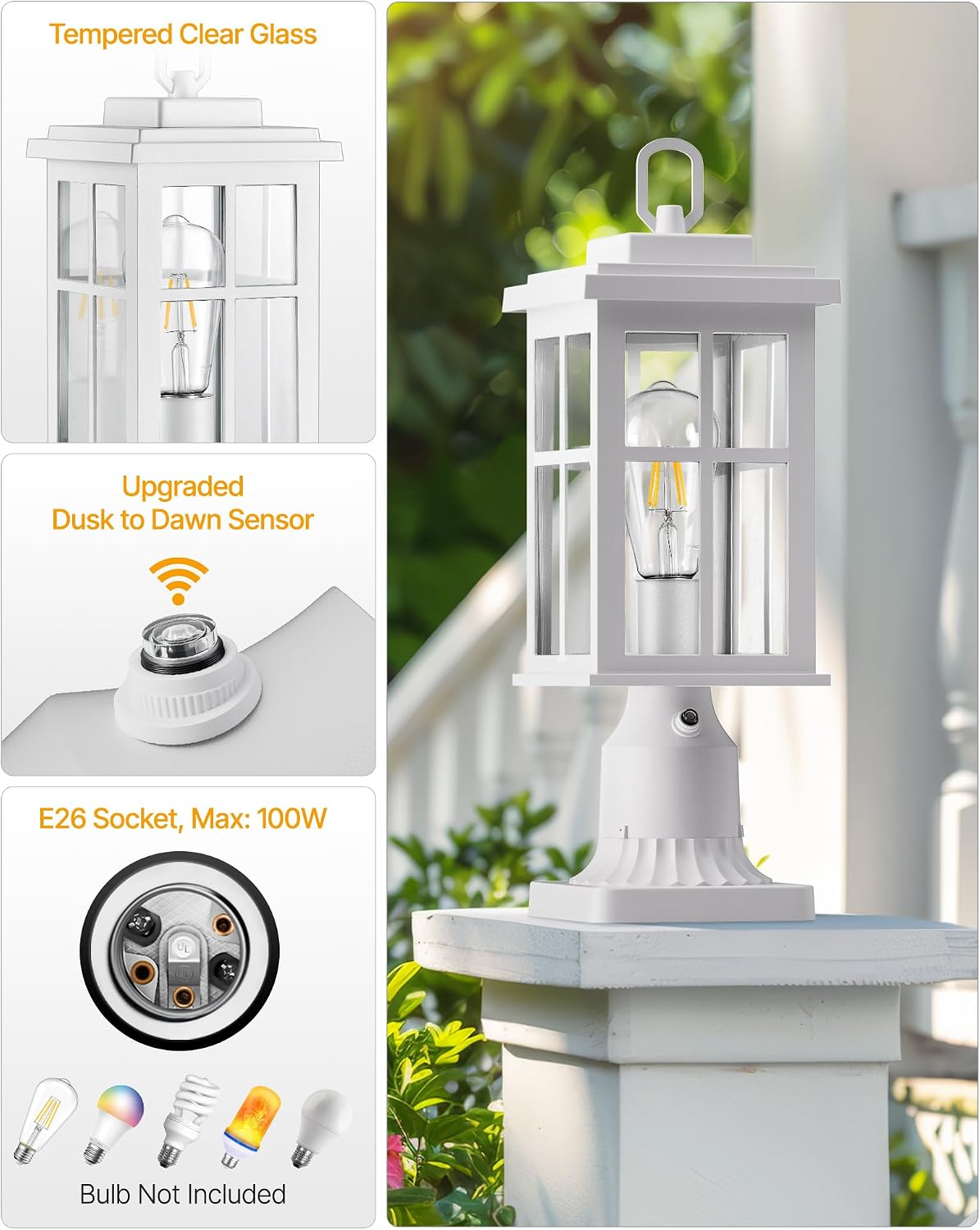 2 Luces Poste Exterior Blanca Base Muelle Impermeable