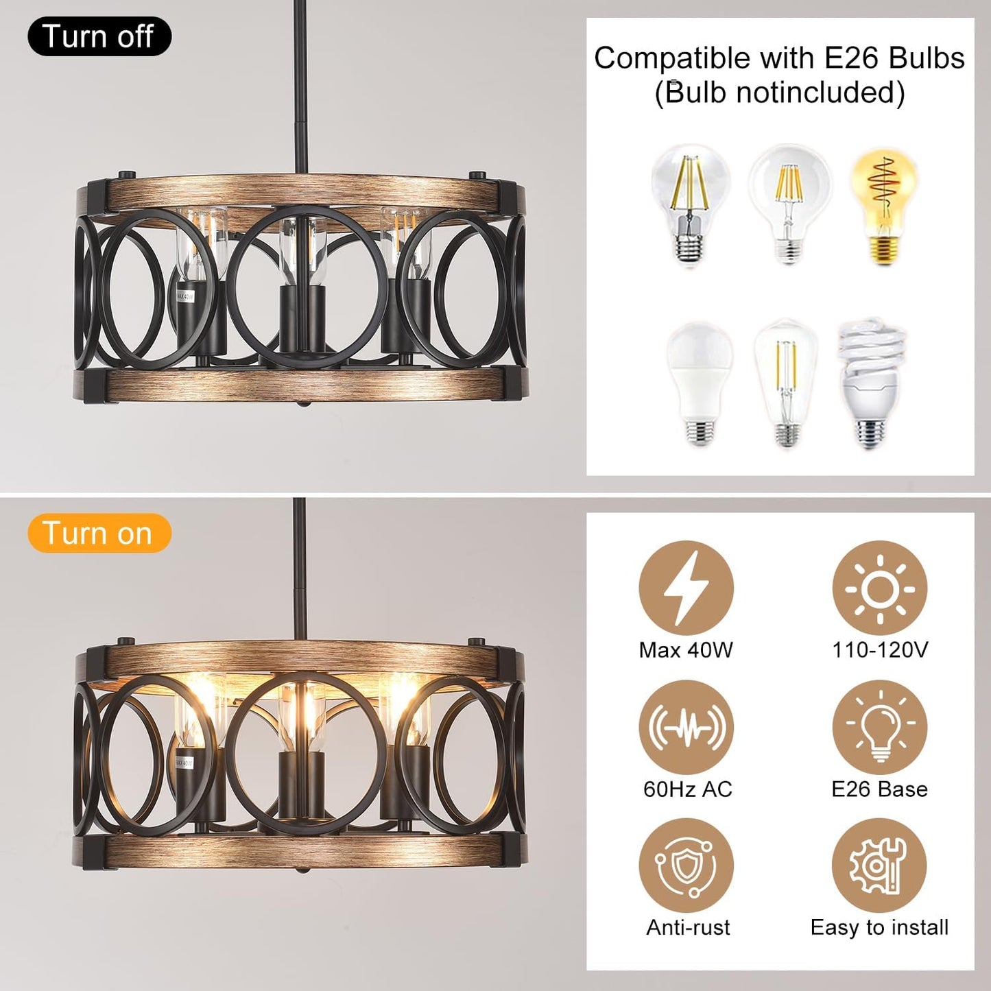 Lámpara techo 3 luces comedor negra 15.7pulg rústica madera