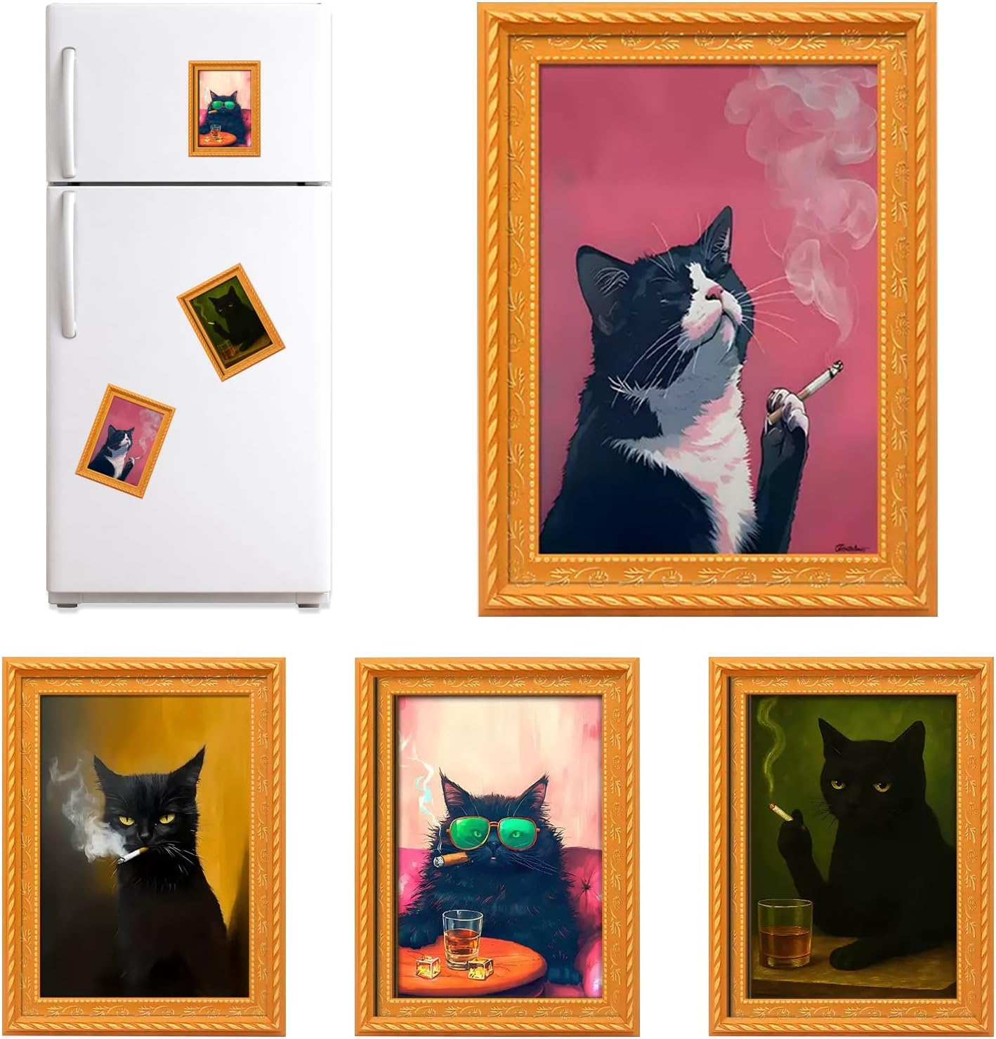 4 marcos de madera 3D con imanes de gato retro para nevera y hogar