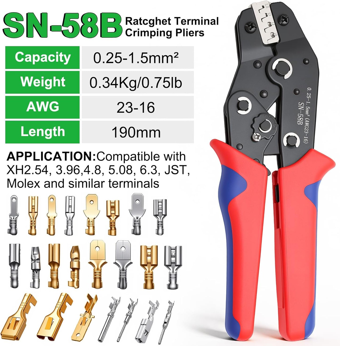 Herramienta crimpadora de alambre trinquete 24-16 AWG