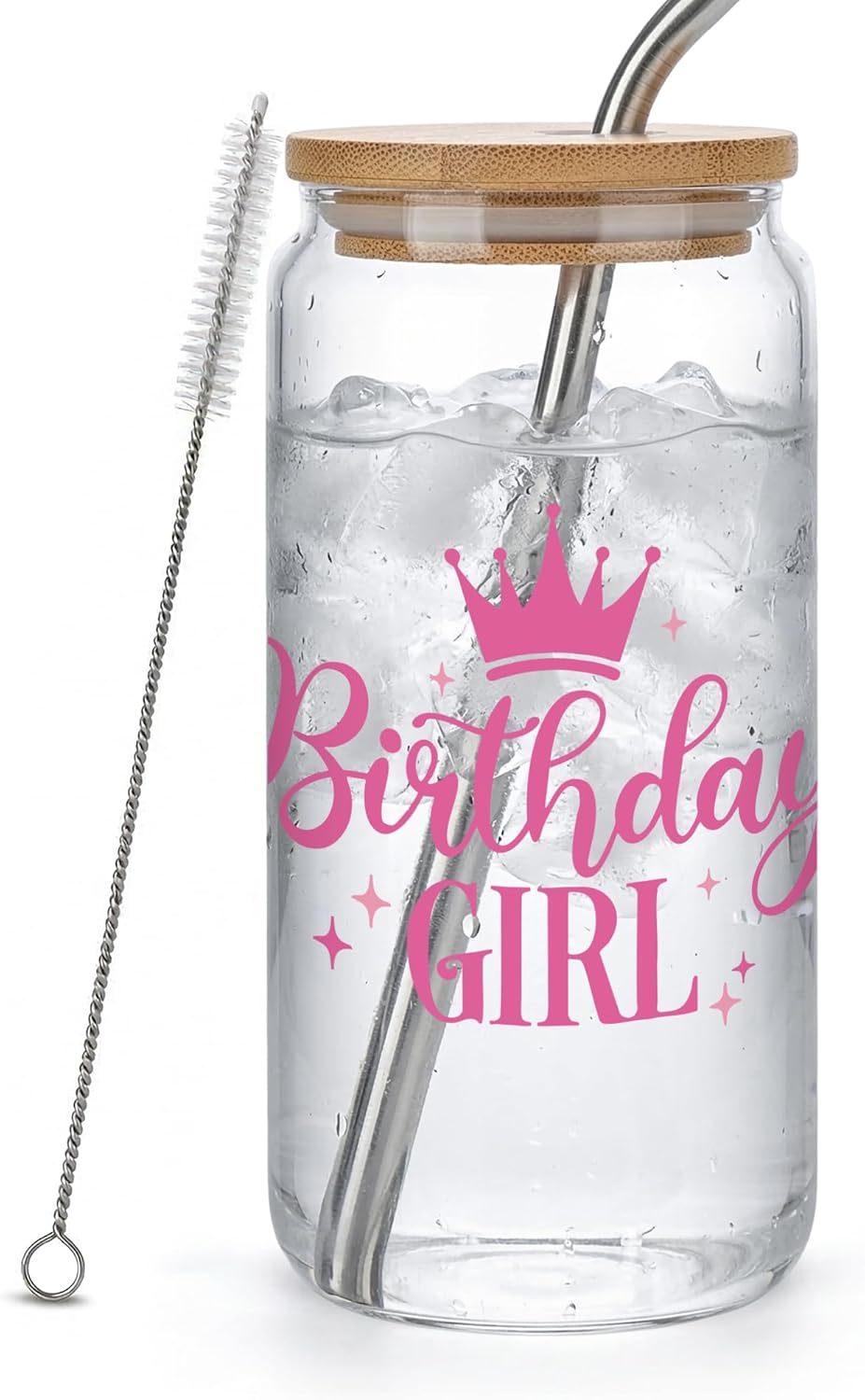 Copa de cumpleaños con corona rosa para mujer 16 oz vaso de vidrio con tapa y popote reutilizable
