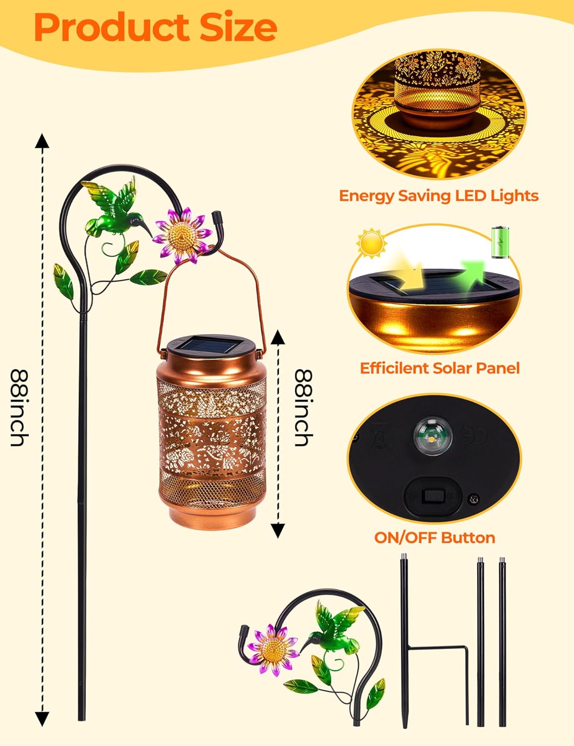 Linterna solar colibrí impermeable con gancho para jardín y balcón