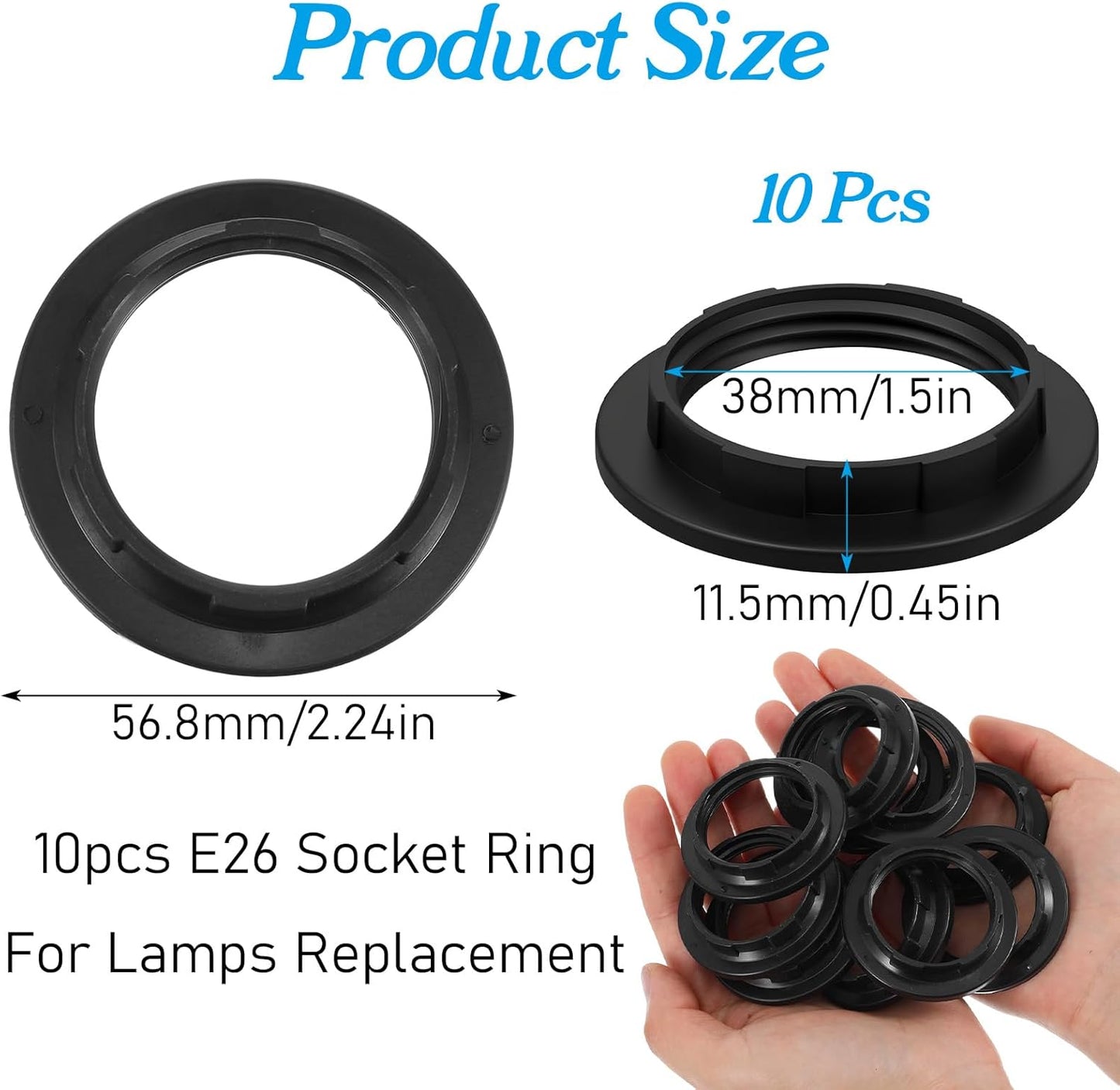 10 Anillos Adaptador Lámpara Negro E26/E27 Plástico PET 1.5pulg