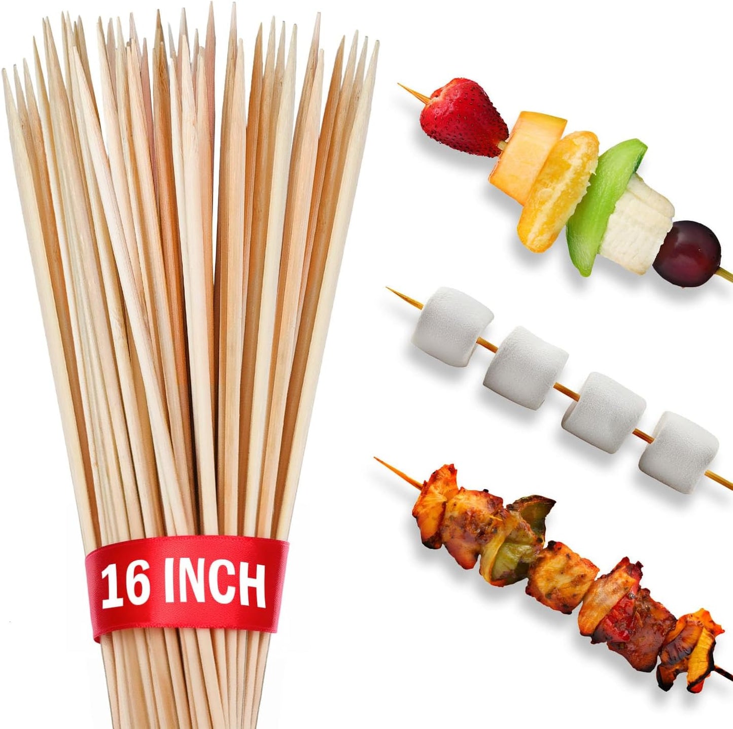 100 Palitos Bambú 16pulg para Barbacoa Kabob Aperitivos