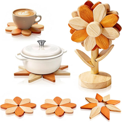 Trivetas de madera para platos calientes en forma de girasol, set de 5, decoración rústica para cocina