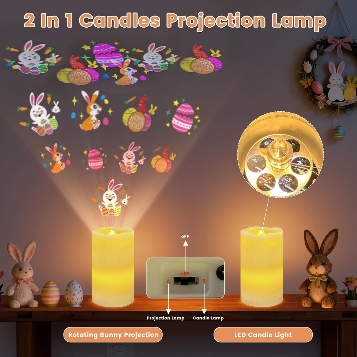 Proyector velas LED sin llama Pascua conejo huevos
