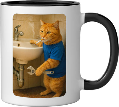 Taza de café divertida gato fontanero meme herramientas humorístico naranja