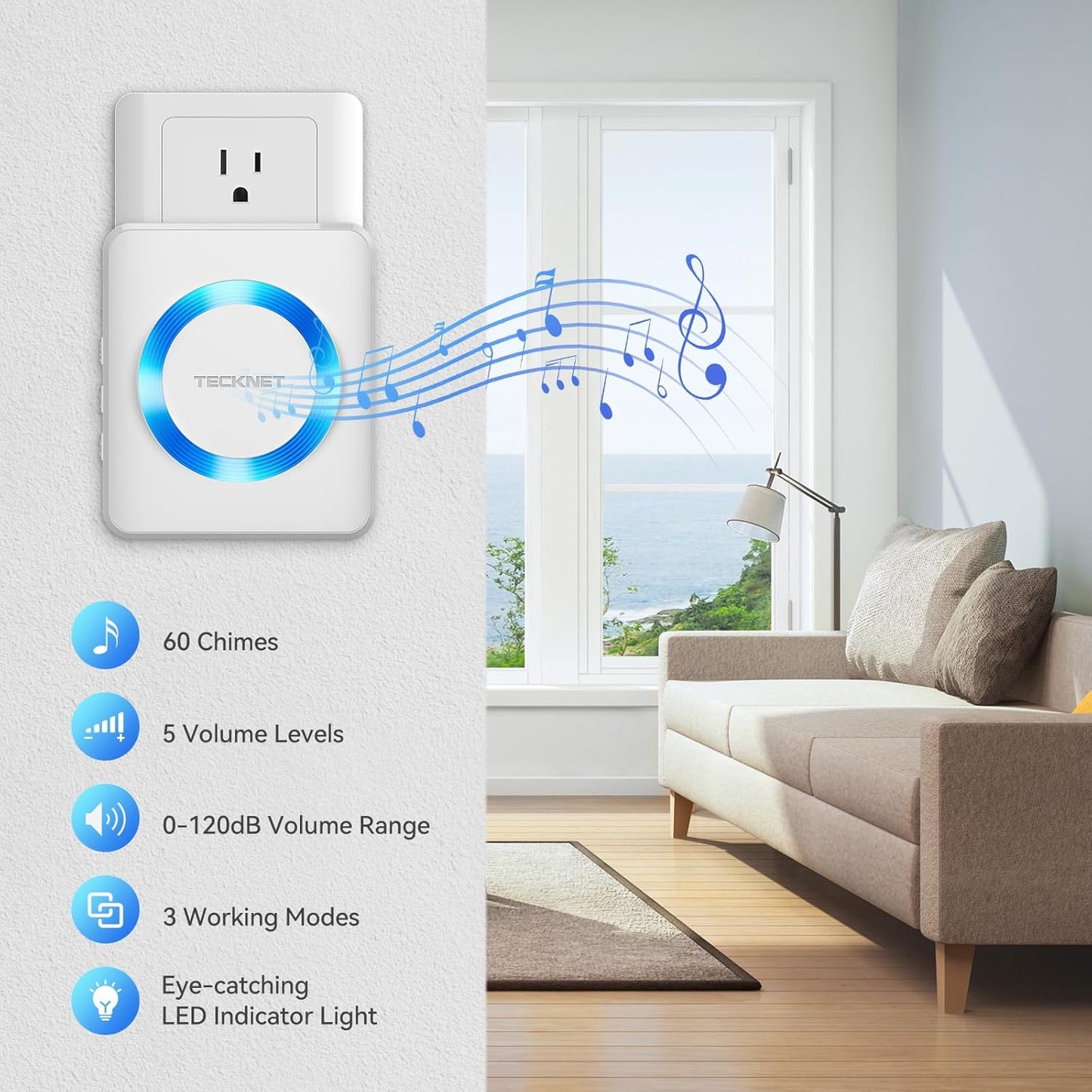 Timbre inalámbrico enchufable IP65 con luz LED y 5 niveles