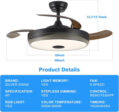 Ventilador techo retráctil 48pulg con luz RGB control remoto