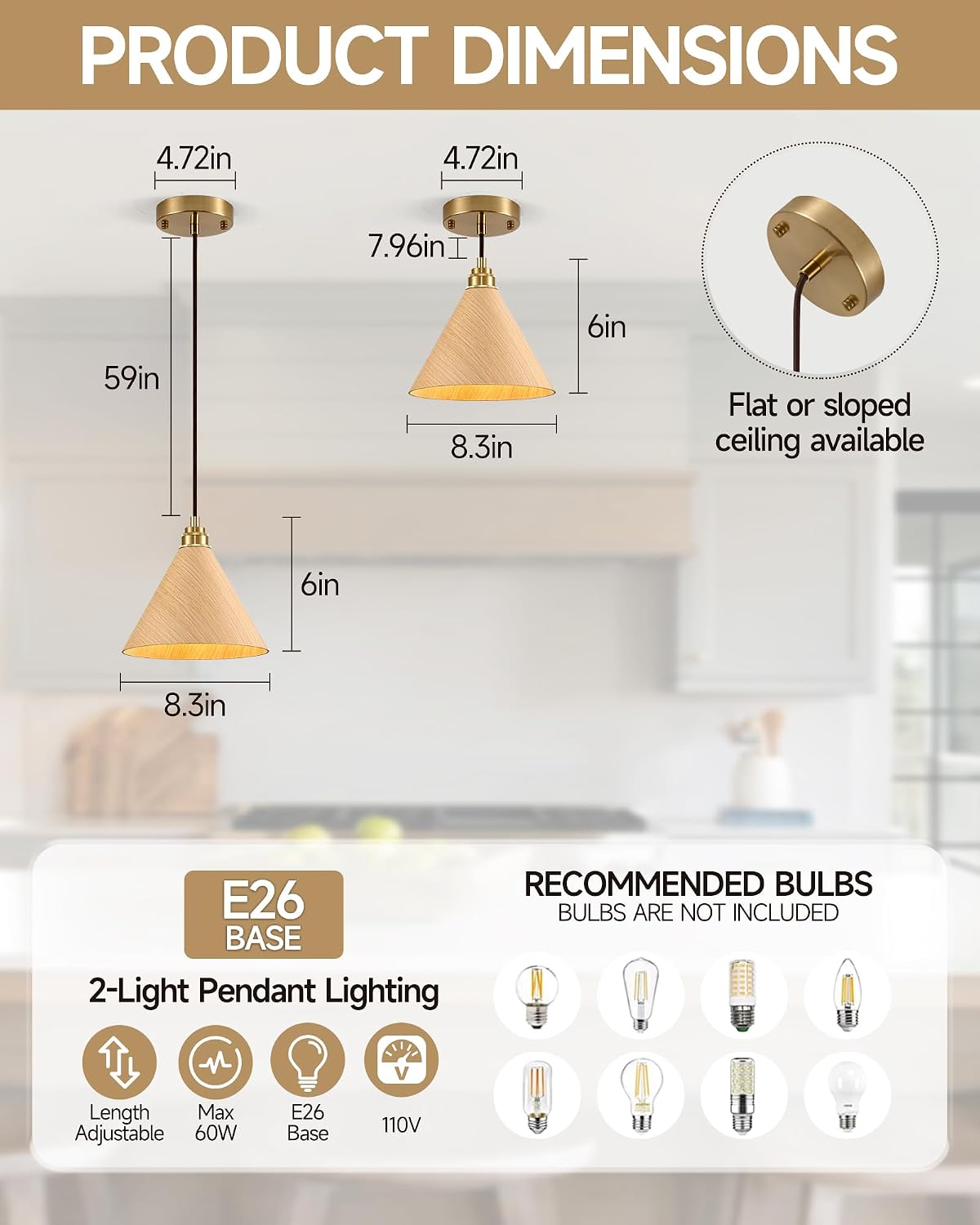 2 Luces Colgantes Madera 8.3pulg Ajustables para Isla Cocina