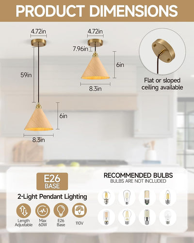 2 Luces Colgantes Madera 8.3pulg Ajustables para Isla Cocina