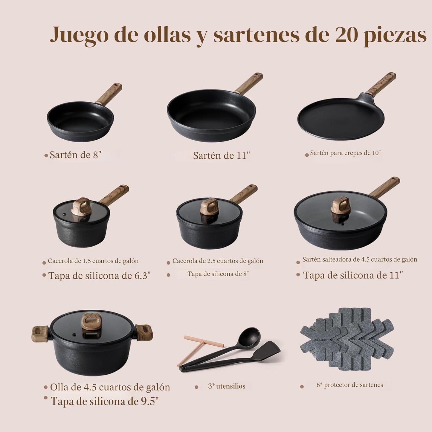 Set 20 Ollas Sartenes Antiadherente Titanio Negro Comp Inducción