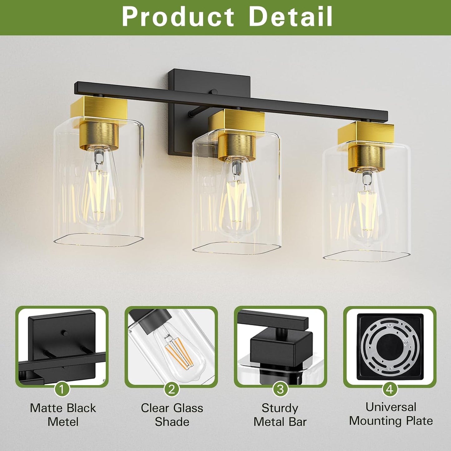Lámpara tocador baño negro dorado cepillado 3 luces E26