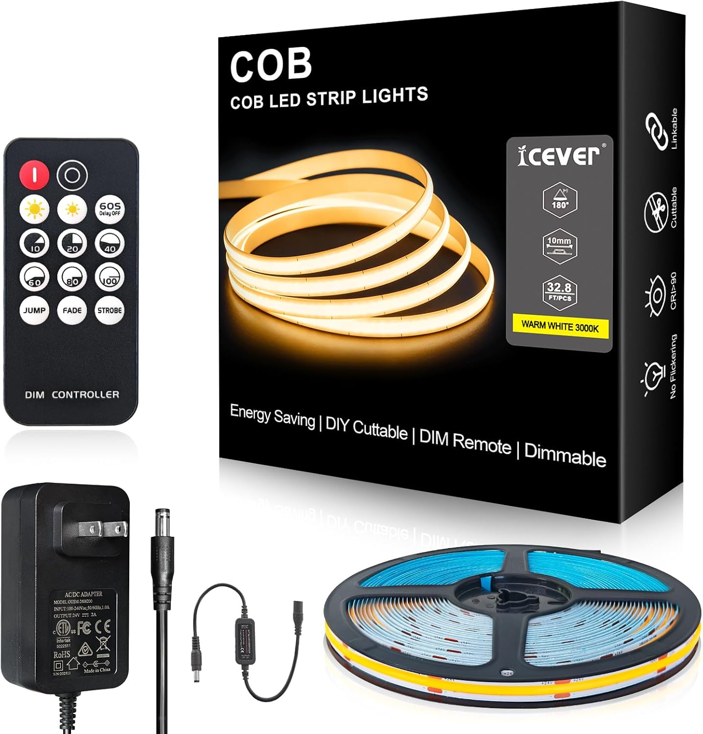 Tira LED COB 3200L 32.8ft Blanco Cálido con Control Remoto