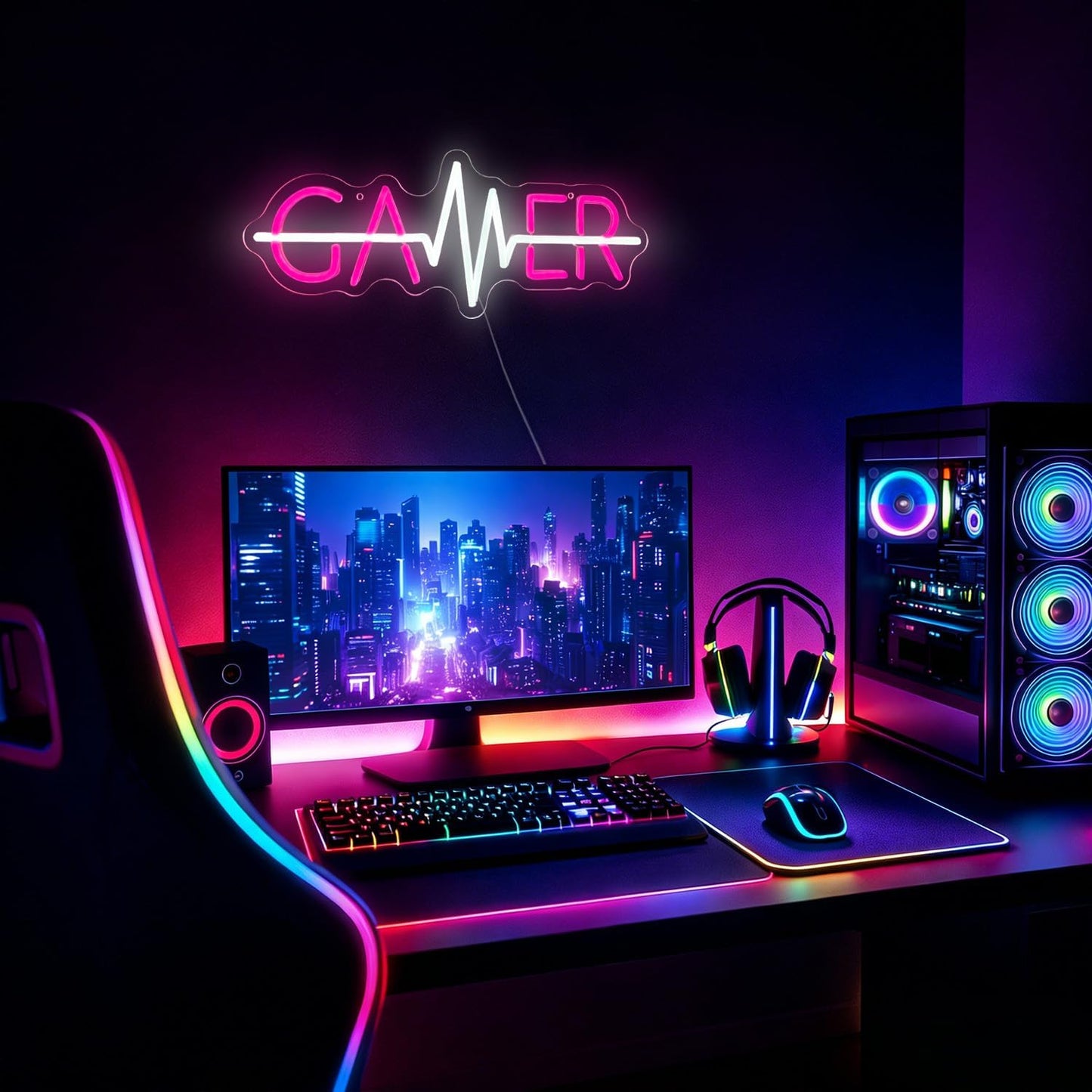 Letrero neón LED latido corazón rosa